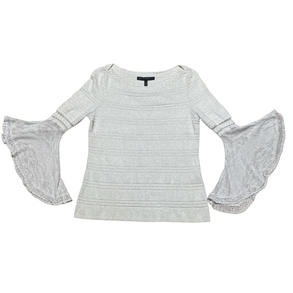 White House Black Market Metallic Sweater Sz M Boat Neck Sparkle Flutter Sleeve